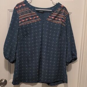 Like New BloomChic Boho Print Patchwork Texture Notched Blouse